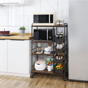 4-Tire Kitchen Baker's Rack Utility Microwave Oven Stand Storage Cart Workstation Shelf Corner Storage Shelf with 4 Mesh Baskets, Walnut Brown, 4-Tire