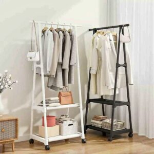 Floor-Standing Coat Rack Metal Activity Balcony Indoor Clothing Hanger with Casters Handbag Shoes Coat Rack Drying Rack | Black | White | Pink | Brown