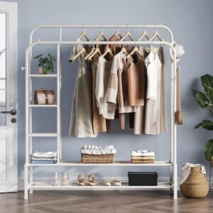 White - Double-Track Metal Hanger Strong Independent Strong Multifunctional Wardrobe 4 Shelves and 4 Hooks Heavy-Duty Clothing Trolley Multifunctional Bedroom Connected Wardrobe