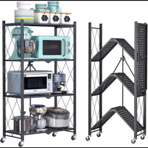Folding Shelf with Wheels, 4 Tier Foldable Storage Trolley Unit, Wheels 200 kg Load Capacity, Storage Shelf, Metal Shelf, Black, Folding Shelf for Kitchen, Office