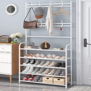 Entryway Multifunctional 5-Tier Coat & Shoe Rack, 5-Level Hallway Coat Shoe Organizer with Storage Shelves & 8 Hanging Hooks for Shoes Scarves Bags Hats Caps Umbrella