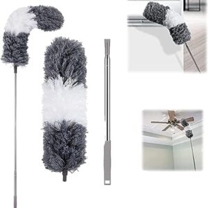 Microfiber Dusters for Cleaning with Extension Pole (40-225 cm), Double Replacement Heads Bendable, Washable, Lint Free Feather Dusters for Cleaning Roof, Ceiling Fan, Blinds