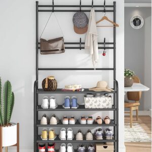Black - Entryway Multifunctional 5-Tier Coat & Shoe Rack, 5-Level Hallway Coat Shoe Organizer with Storage Shelves & 8 Hanging Hooks for Shoes Scarves Bags Hats Caps Umbrella