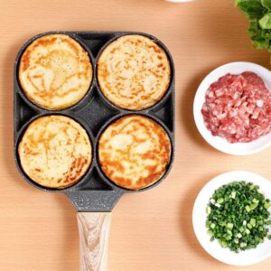 4-Hole Omelet Pan, Long-Handled Pancake Pan, Black Aluminium Non-Stick Frying Pan, Suitable for Gas Stove, Induction Cooker