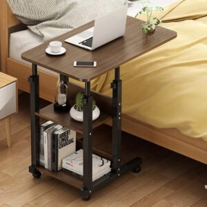 Laptop Table | Bed Desk, Overbed Table, Sofa Desk, Hospital Bed Table, Height Adjustable Desk, Equipped with Two-Tier Storage Shelves, Equipped with Caster Wheels