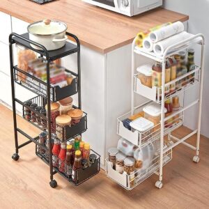 4 Tier - Slim Storage Cart with Slide Out Drawers Suit Narrow Storage of Kitchen Bathroom Laundry, Small Spaces Utility Cart with Wheels
