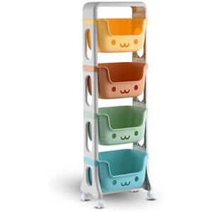 Kids Toy Storage Organizer 4-Tier Rolling Cart,Playful Colors Smiley Design Children Playroom Decor Doll Activity Rack Shelf Plastic Bins Box