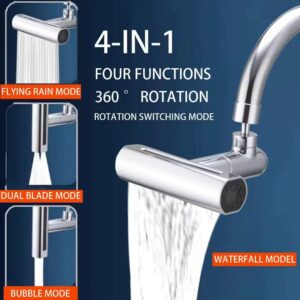Waterfall Kitchen Faucet, 4 Modes Splash-Proof Kitchen Faucet 360° Swivel Bathroom Faucet Extender Multi Function Sink Swivelling Waterfall Tap Accessory for Washing Vegetable Fruit-Silver